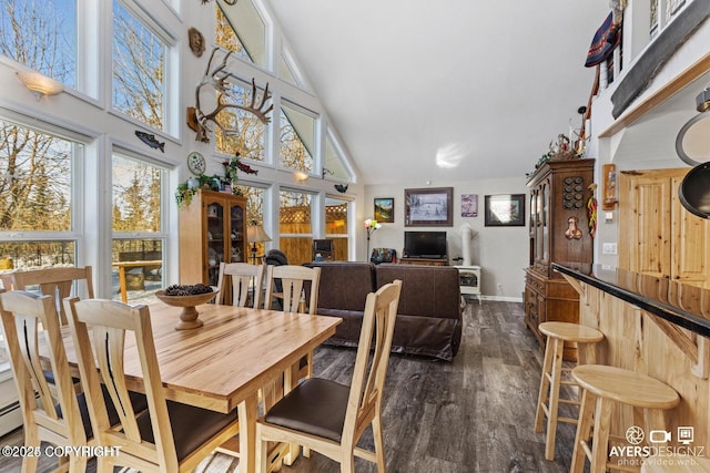 dining space featuring baseboards, dark wood-type flooring, a dry bar, and high vaulted ceiling