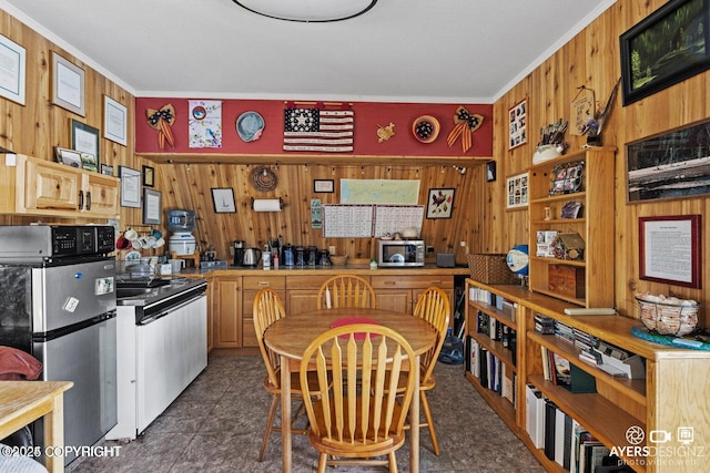 kitchen featuring dishwasher, refrigerator, wood walls, and ornamental molding