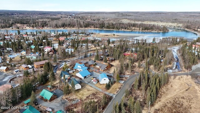 bird's eye view featuring a view of trees and a water view