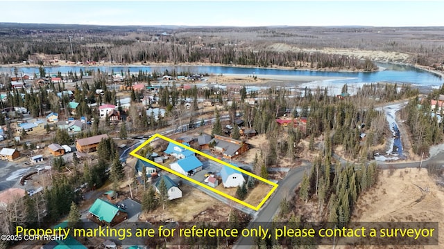 aerial view featuring a forest view and a water view