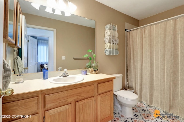 full bathroom with toilet, a shower with curtain, tile patterned flooring, and vanity