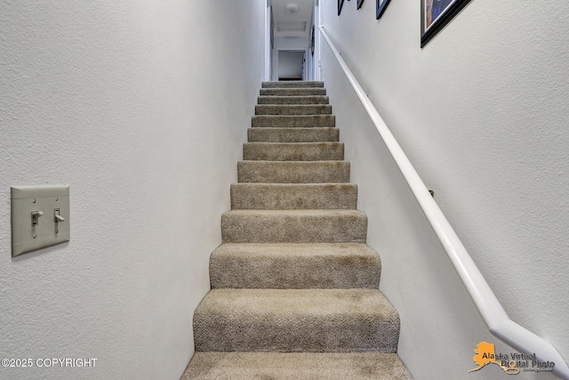 stairway with a textured wall