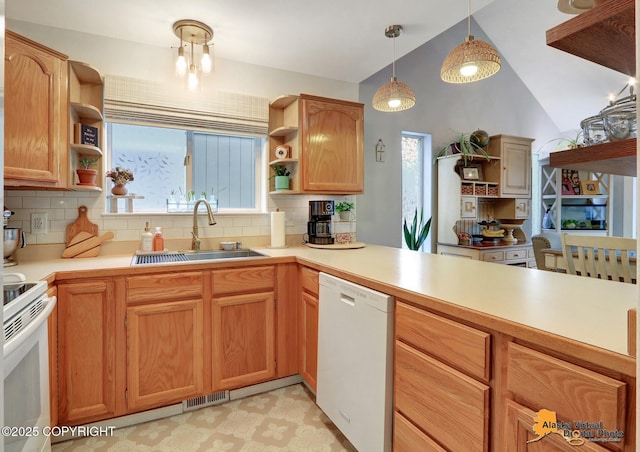 kitchen with white appliances, a sink, visible vents, light countertops, and open shelves