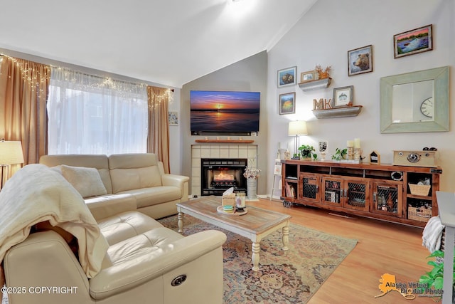 living room featuring lofted ceiling, a fireplace, and wood finished floors