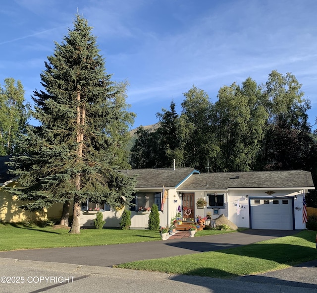 single story home with a garage, driveway, and a front lawn