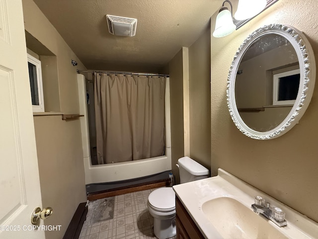 bathroom with a textured ceiling, toilet, shower / tub combo, vanity, and visible vents