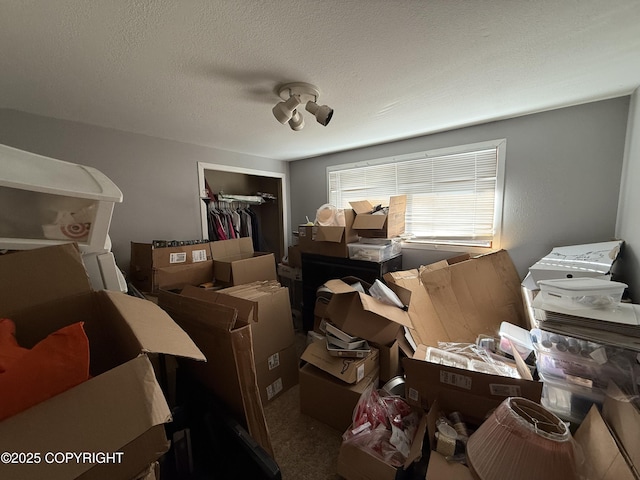 miscellaneous room featuring carpet flooring and a textured ceiling