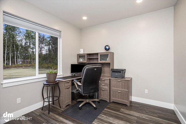 office area featuring baseboards, dark wood-style flooring, and recessed lighting