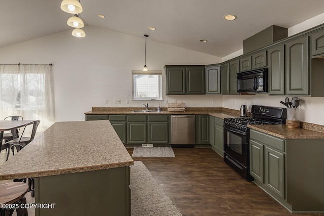 kitchen featuring recessed lighting, a sink, black appliances, vaulted ceiling, and decorative light fixtures