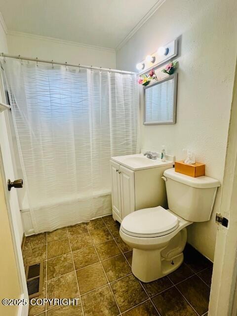 full bath featuring toilet, visible vents, vanity, shower / bath combination with curtain, and crown molding