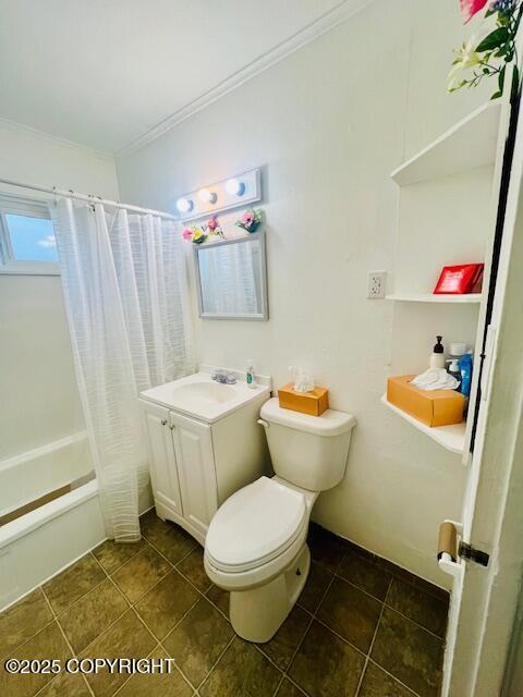 bathroom with toilet, vanity, ornamental molding, tile patterned floors, and shower / bathtub combination with curtain