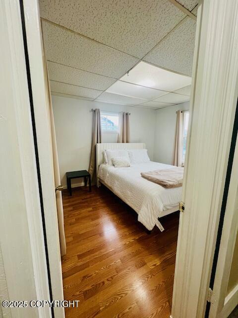 unfurnished bedroom featuring dark wood-style floors and a paneled ceiling