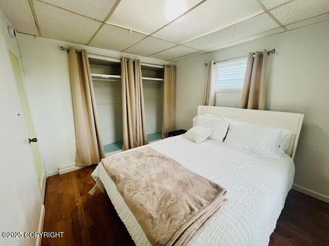 bedroom featuring a drop ceiling, wood finished floors, and baseboards