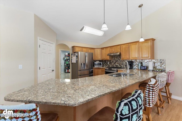 kitchen with tasteful backsplash, a peninsula, stainless steel appliances, under cabinet range hood, and a sink