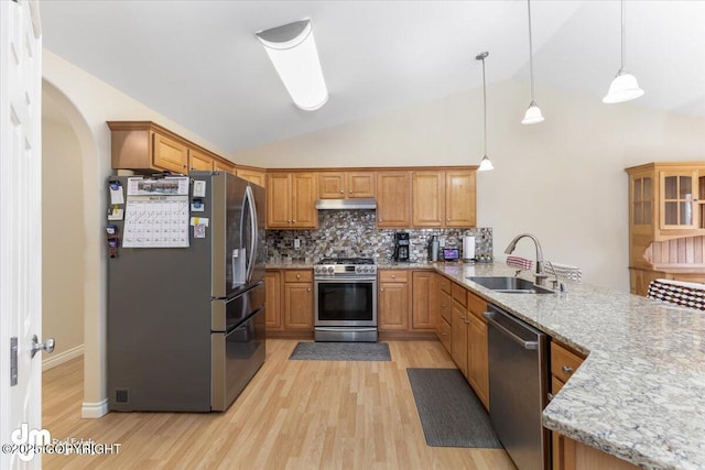 kitchen with a peninsula, stainless steel appliances, light wood-type flooring, under cabinet range hood, and a sink