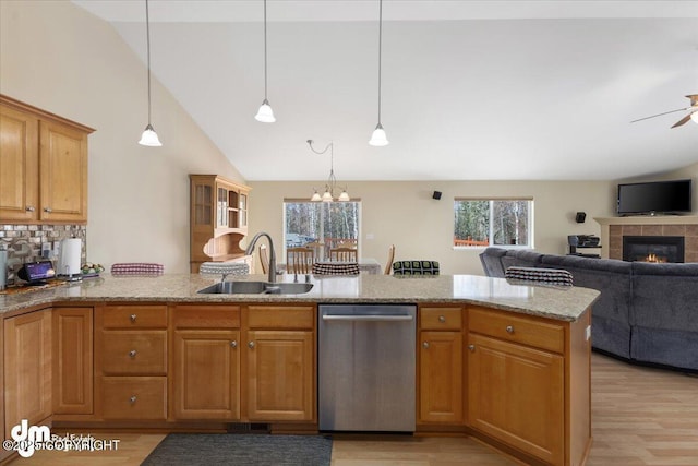 kitchen featuring a sink, light stone countertops, a healthy amount of sunlight, and stainless steel dishwasher