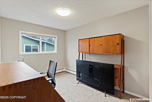 carpeted office space featuring baseboards, baseboard heating, and a textured ceiling