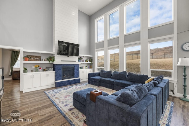 living area featuring plenty of natural light, a fireplace, a high ceiling, and wood finished floors