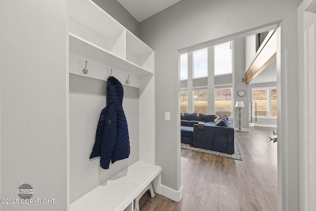 mudroom featuring a high ceiling, baseboards, and wood finished floors