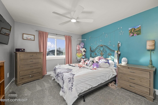 bedroom featuring carpet floors, ceiling fan, and baseboards