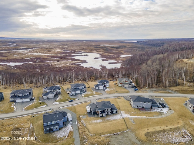 bird's eye view featuring a residential view and a view of trees