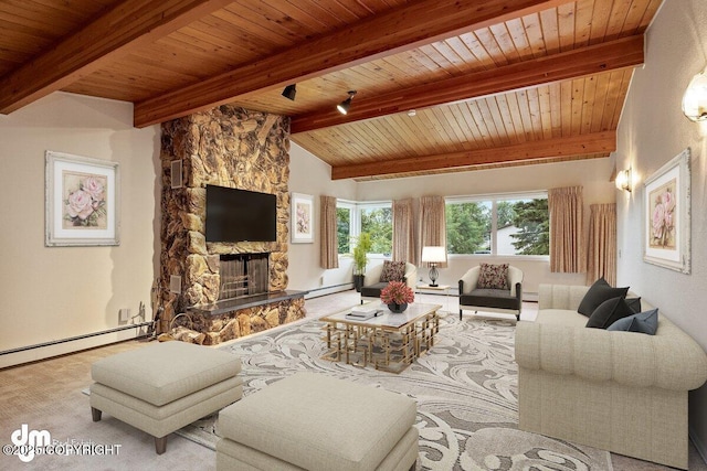 living room with a fireplace, wood ceiling, and a baseboard radiator