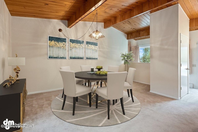 carpeted dining area with lofted ceiling with beams, a notable chandelier, wood ceiling, and baseboards