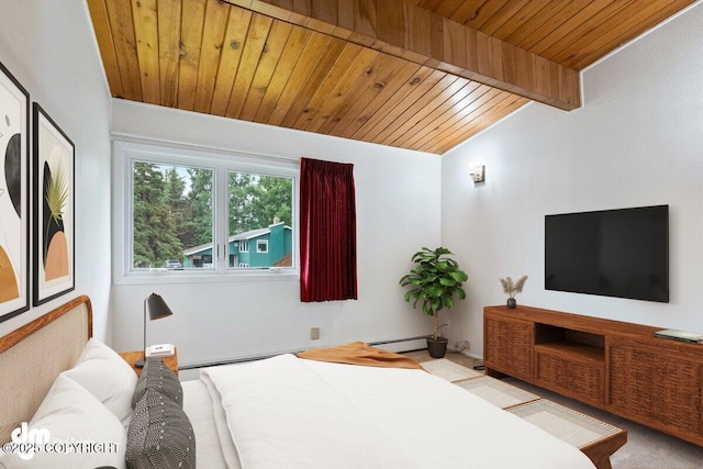 bedroom with vaulted ceiling with beams, wood ceiling, and a baseboard radiator