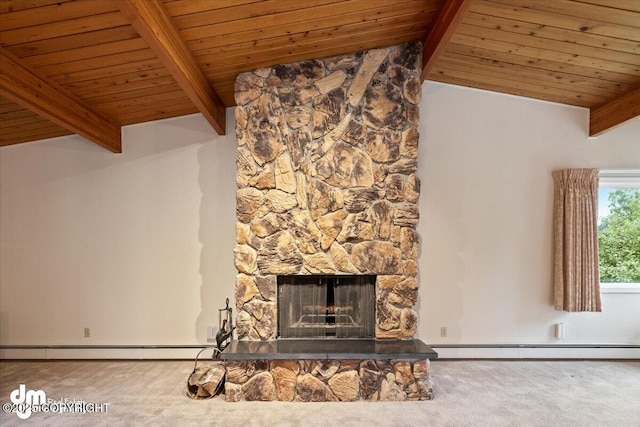 unfurnished living room featuring a stone fireplace, carpet floors, and a baseboard radiator