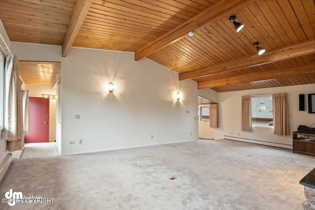 unfurnished living room with wood ceiling, vaulted ceiling with beams, carpet, and baseboard heating