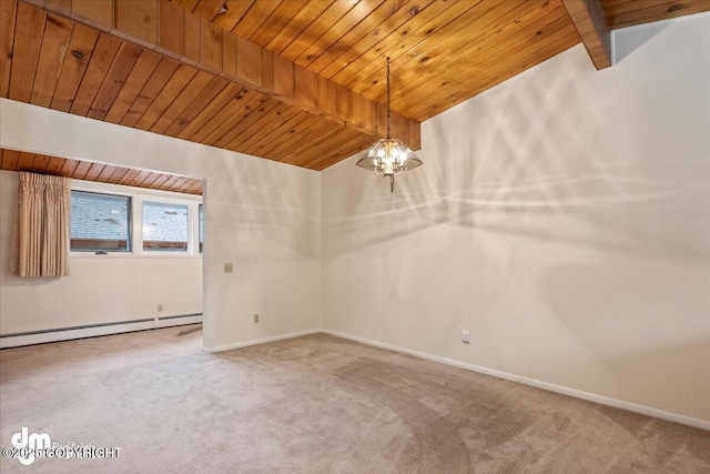 carpeted spare room with a baseboard heating unit, baseboards, wood ceiling, lofted ceiling with beams, and a notable chandelier