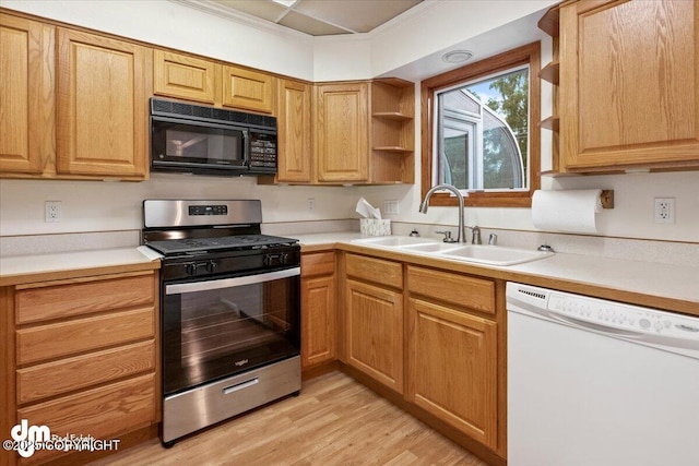 kitchen with open shelves, a sink, black microwave, stainless steel gas range oven, and dishwasher