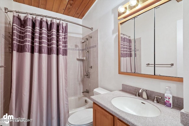 full bath featuring vanity, toilet, wood ceiling, and shower / bath combo