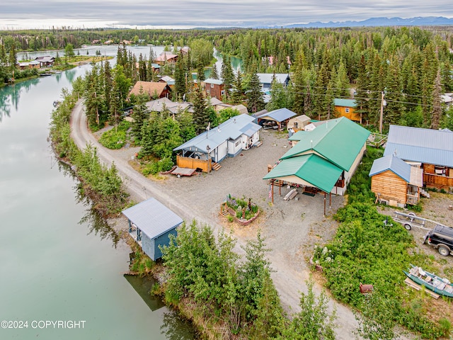 aerial view with a water view and a view of trees