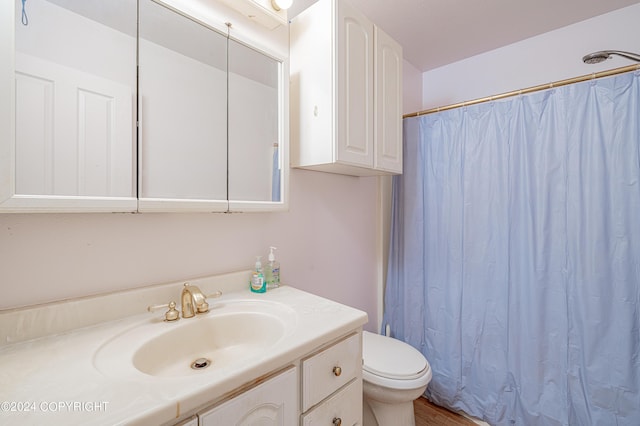 bathroom with curtained shower, vanity, and toilet