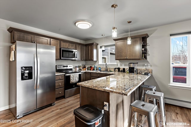 kitchen featuring dark brown cabinetry, appliances with stainless steel finishes, a peninsula, a kitchen bar, and a sink