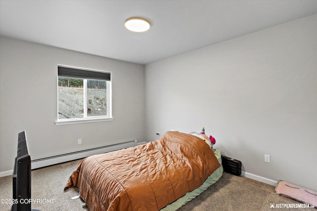 bedroom featuring carpet floors, baseboards, and baseboard heating