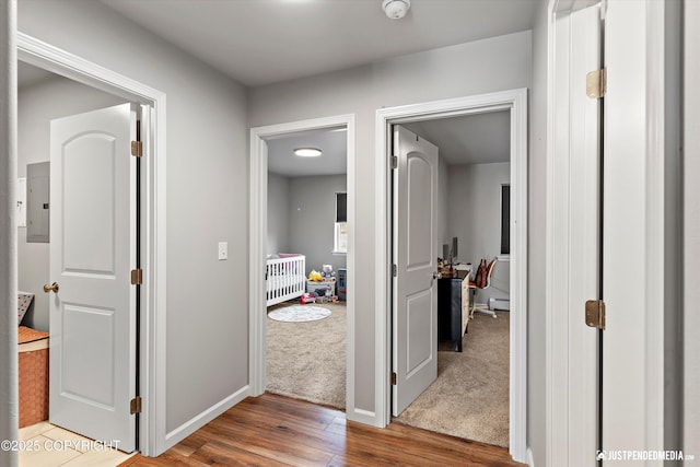 corridor featuring carpet flooring, wood finished floors, electric panel, and baseboards