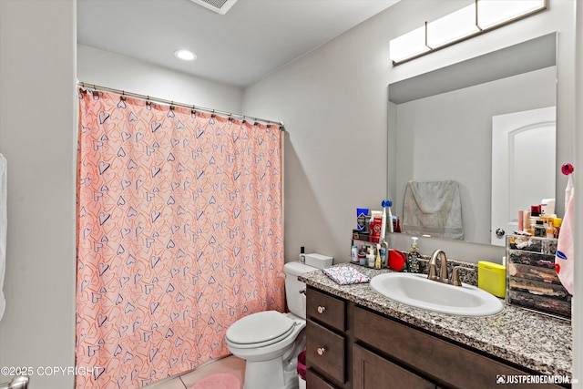 bathroom featuring a shower with shower curtain, toilet, tile patterned floors, vanity, and recessed lighting