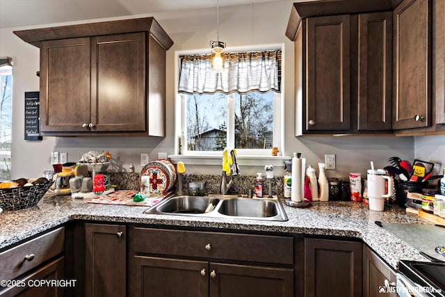 kitchen featuring a healthy amount of sunlight, dark brown cabinetry, and a sink