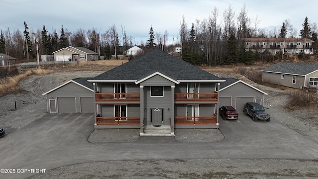 view of front of home featuring an outbuilding, a shingled roof, a detached garage, and a balcony