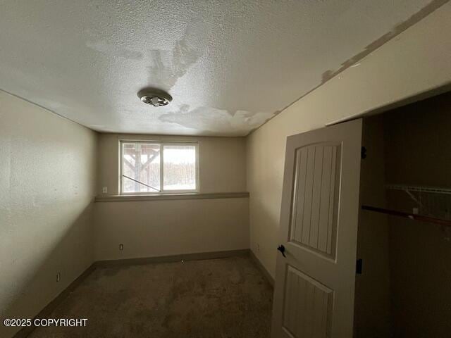 unfurnished bedroom featuring a textured ceiling, carpet floors, and baseboards