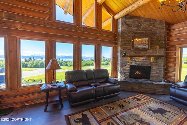 living room featuring high vaulted ceiling, a stone fireplace, wood finished floors, wood ceiling, and beamed ceiling