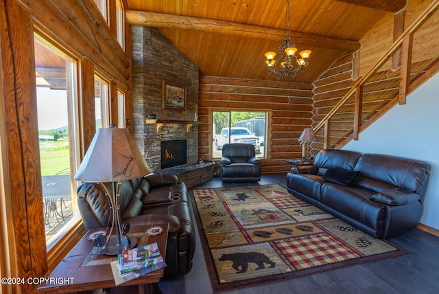 living area with log walls, beamed ceiling, a stone fireplace, and wood finished floors