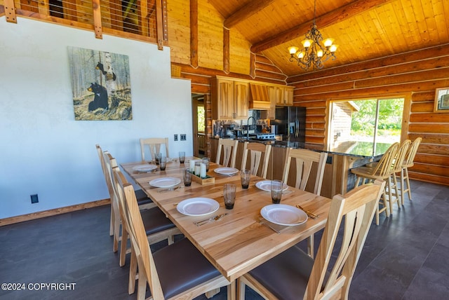 dining room with a notable chandelier, rustic walls, wooden ceiling, beamed ceiling, and baseboards