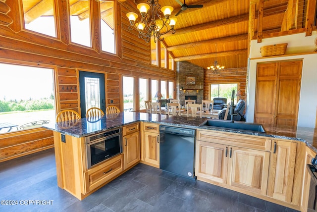 kitchen featuring dishwasher, wooden ceiling, a sink, and an inviting chandelier