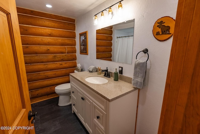 full bathroom featuring toilet, recessed lighting, log walls, and vanity