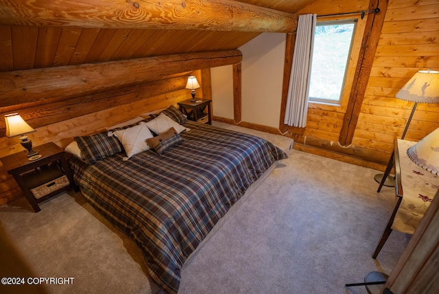 carpeted bedroom with lofted ceiling and wood ceiling