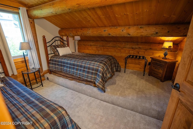 bedroom with carpet, wood ceiling, and log walls