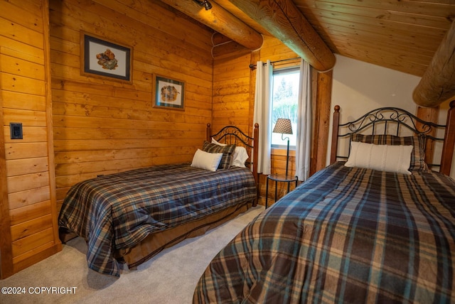 carpeted bedroom with wooden ceiling, wood walls, and beam ceiling